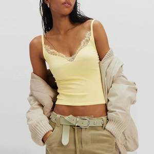 Nouveau débardeur court côtelé en maille unie à col en V sexy en dentelle, style européen et américain, pour femme, vêtement de base décontracté - Product Image 6
