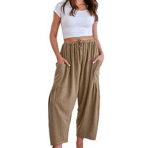 Pantalones Anchos Casuales de Otoño e Invierno para Mujer, Personalizados OEM, Cómodos, Holgados, con Cintura Elástica, Color Sólido, con Bolsillos, Básicos - Product Image 4