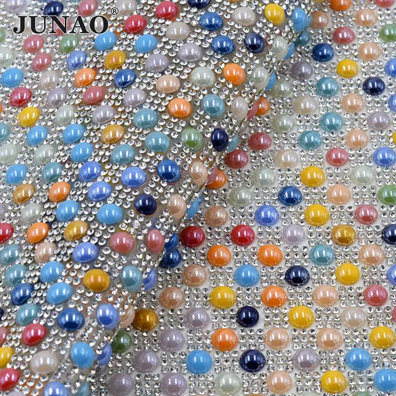 JUNAO Top Quality Mix Color Ceramic Half Pearl Mesh Sheet Glitter Rhinestone Mesh Fabric For DIY Decoration