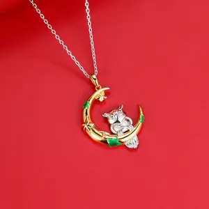 HAIKE Original 925 Sterling Silver Fashionable And Personalized Gold Plated 2 Tone Starry Moon Owl Pendant Necklace