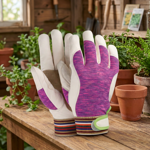 Gants de travail en cuir avec bouts des doigts texturés, bracelet élastique antidérapant, gants de sécurité polyvalents, manchette rayée rose et blanche - Product Image 4