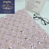 Kain renda jala bordir manik-manik payet warna pink beige putih motif bunga daisy untuk aksesoris dekorasi jahit gaun dan pakaian