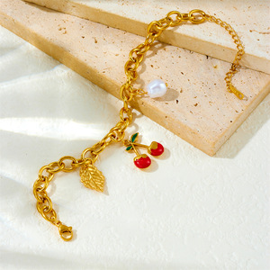 Fashion Charm Bracelet Zinc Alloy Chunky Chain Cherry Leaf Pearl Pendant Women's Jewelry Gift - Product Image 3