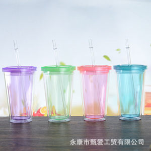 Double Layer Plastic <b>Straw</b> <b>Cup</b> With <b>Lid</b> Solid Color Purple Green Blue Pink Party Drinkware Set 020 - Product Image 2