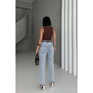 Jeans de Mezclilla Anchos y Sencillos de Cintura Alta en Azul Claro para Mujer, 100% Algodón, Corte Recto con Detalles de Bolsillos - Product Image 1