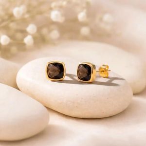 Classic Smoky Quartz Cushion Cut <b>Stud</b> Earrings Featuring Natural Faceted Brown Gemstone In 925 <b>Sterling</b> <b>Silver</b> Or 18K Gold - Product Image 3