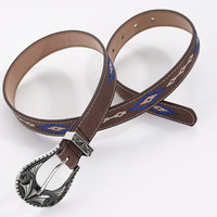 Ceinture pour femmes, ceintures western, ceintures vintage, ceintures pour femmes en cuir marron avec broderie aztèque bleue, boucle en argent ornée, accessoire de taille rétro