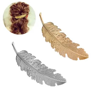 E992 Women Girls Custom Hair Accessories Gold Retro Barrettes Metallic Leaf Hairpin Ponytail Alloy Feather Hair Clip