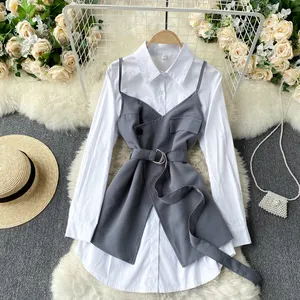 Boutique Hot Sale Women Stylish Suit Long Sleeves White Shirt Belt Sling Top Outfit Lady Office Casual Two Pieces Set
