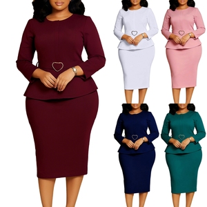 Vestidos de Otoño de Moda D599, Vestidos Casuales Elegantes de Manga Larga con Cuello Redondo para <span class=keywords><strong>Mujer</strong></span>, Vestidos Formales de Oficina para <span class=keywords><strong>Mujer</strong></span>, Vestido Africano de <span class=keywords><strong>Trabajo</strong></span> con Cinturón - Product Image 1