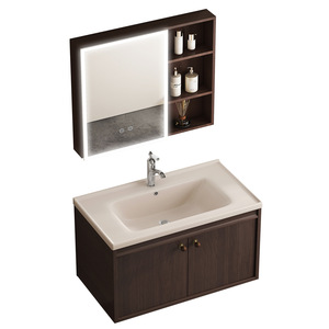Modern Walnut Color MDF Bathroom Vanity Unit with Smart Mirror Wall-Mounted Ceramic Basin - Product Image 5