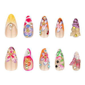 Venta al por mayor medio hecho a mano 3D flor tropical almendra perla <span class=keywords><strong>diseño</strong></span> cuadrado patrón prensa <span class=keywords><strong>Uñas</strong></span> acrílicas para dedos 24 piezas - Product Image 2