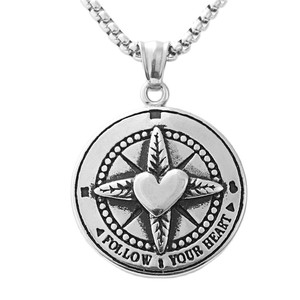 Collar con Colgante de Corazón y Brújula de Acero Inoxidable para Hombre, Sigue tu Corazón, Uso Diario 19082 - Product Image 4