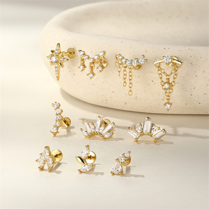 925 <b>Sterling</b> <b>Silver</b> with Crystal Fringe Crown Geometric Marquise 5A Zircon Flat Back Piercing <b>Earrings</b> - Product Image 1