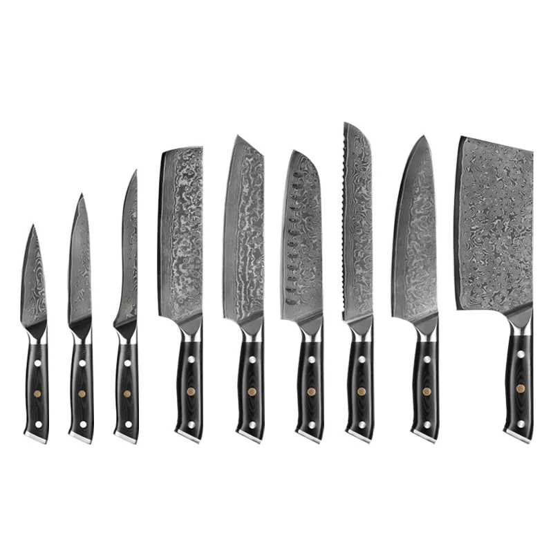 Santoku-Herramientas de cocina profesionales G10 con mango de acero damasco, rebanador de utilidad, cuchillo, juego de cuchillos de cocina, 9 Uds.
