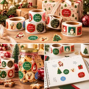 Rollo de Pegatinas Navideñas Personalizadas, Vinilo Kiss Cut, Santa Claus, Muñeco de Nieve, Reno, Dorado Metálico, Feliz Navidad, para Envolver Regalos - Product Image 6