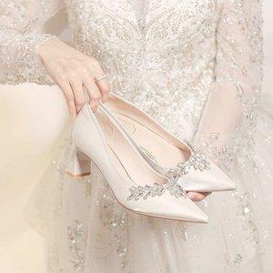 Spark Rhinestone <b>Satin</b> Party Heels Pointed Toe Block Heel Slip On Elegant Formal <b>Wedding</b> Bridal Footwear - Product Image 6