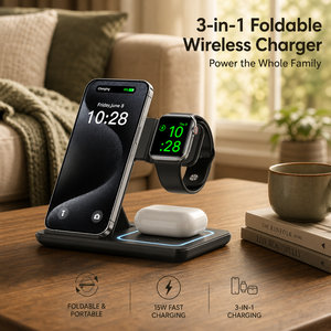 OEM ODM ขายส่ง แท่นชาร์จไร้สายแบบพับได้ 3 in 1 กำลังไฟ 15W ชาร์จเร็ว รับทำโลโก้ แบรนด์ส่วนตัว สำหรับโทรศัพท์ นาฬิกา หูฟัง - Product Image 1