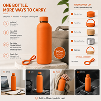 Bouteille d'eau personnalisée en acier inoxydable de 500 ml, à double paroi, isolée sous vide, avec peinture caoutchoutée mate et logo, pour cadeaux d'entreprise