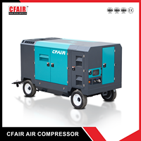 Compresseur d'air industriel portable diesel à double vis refroidi par eau CFAIR, garantie 1 an, moteur 21 bars, caisson en bois, silencieux, refroidisseur intermédiaire