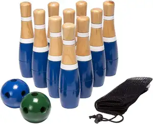 Backyard Lawn Outdoor and Indoor Wooden Bowling Game with 10 Wooden Pins Game Family Fun Kid Toys Wooden Bowling Ball Set