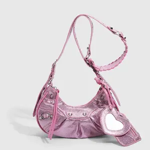 Fashion Luxury Shiny Diamond Bags For Women Y2K Pleated Handbags Cool Moto Purses With Mirror Vintage