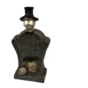 Decoración de Halloween Tombstone Nueva resina Skull Head Tombstone Props con ojos LED