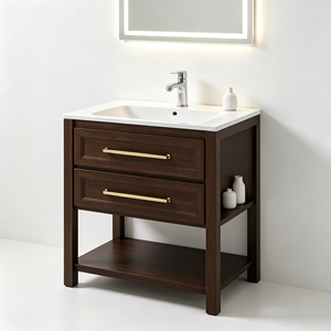 Mueble de Baño Moderno con Gabinete de Madera de Nogal Oscuro de 30 Pulgadas, Diseño de Pie, Espejo LED, Lavabo de Cerámica y Desagüe de Acero Inoxidable - Product Image 1