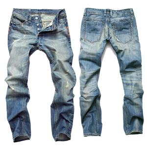Nuevo Diseño: Jeans de Punto Rectos para Hombre, Largos, de Algodón, Tallas Grandes, Casuales, Ligeros, Cintura Media, Estampados, con Cierre de Botones - Product Image 1