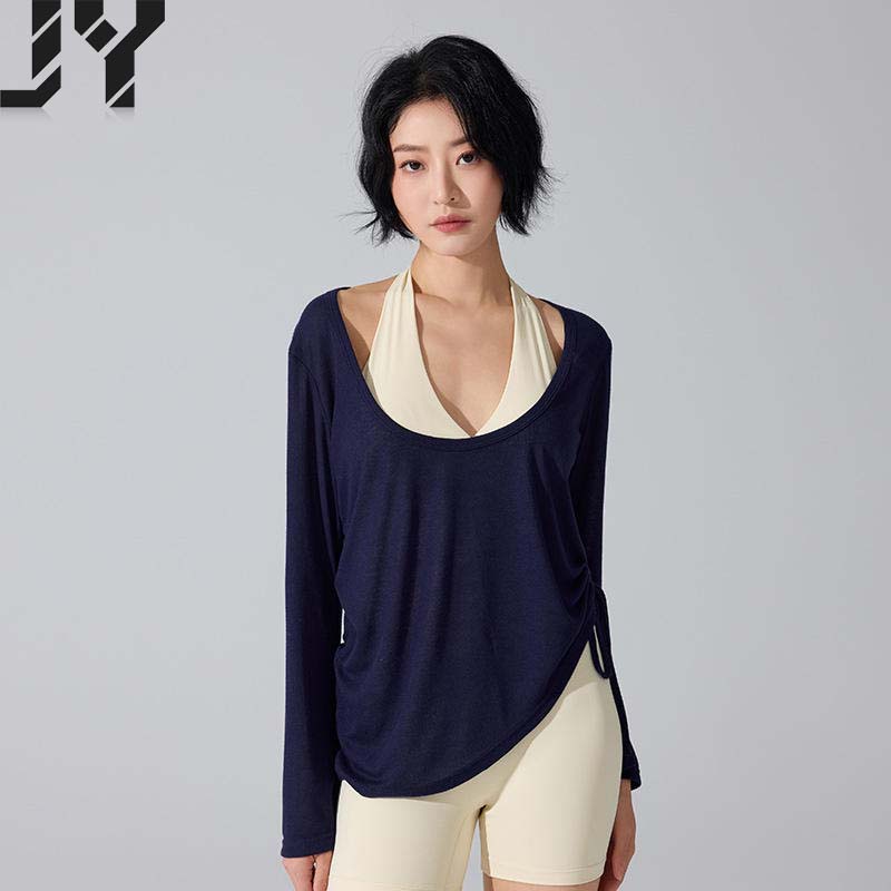 Cross-border Long-Sleeve Cover-Up T-Shirt with Hip-Covering Pleats and Drawstring Loose-Fit Casual Pilates Fitness Yoga Top
