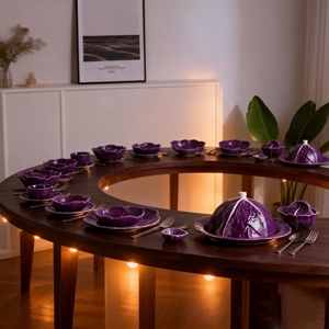 Service <span class=keywords><strong>de</strong></span> table en porcelaine à motif <span class=keywords><strong>de</strong></span> feuilles violet foncé, 6 pièces, bol et assiette en relief <span class=keywords><strong>de</strong></span> <span class=keywords><strong>chou</strong></span>, luxe, maison, passe au micro-ondes, élégant - Product Image 2