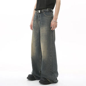 Jeans baggy droits personnalisés pour hommes, style streetwear, en denim de coton délavé foncé, effet usé, vintage et tendance - Product Image 3