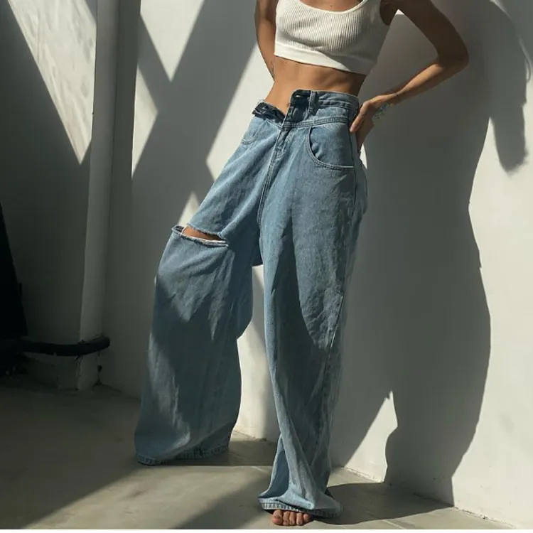 Popüler Streetwear stil delik mavi fermuar yüksek bel Baggy pantolon rahat geniş bacak Denim kot kadın