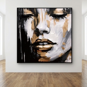 Peintures murales abstraites personnalisées en noir et blanc avec accents dorés, portrait féminin texturé, décoration <span class=keywords><strong>de</strong></span> salon - Product Image 1