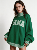 Sweat-shirt à col montant brodé patchwork pour femme, en coton, manches longues, détail ourlet brut, style décontracté et urbain, pull-over OEM