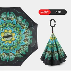 Nuovo ombrello per auto inverso con Logo personalizzato a doppio strato dentro e fuori con manico a forma di C ombrello da pioggia rovesciata pieghevole