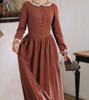 Robe longue décontractée vintage en lin 100% pur 270 g/m² pour femme, à manches longues, col Peter Pan en dentelle, coupe trapèze unie