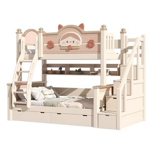 Cama Infantil de Madera de Cerezo, Multifuncional, Alta y Baja, con Almacenamiento, Diseño de Dos Niveles, Estilo Princesa - Product Image 2