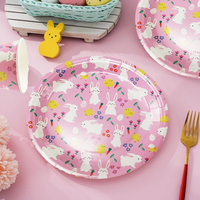 LR 24Pcs Set de vaisselle imprimé lapin de Pâques rose Assiettes en papier et tasses à boissons chaudes pour la fête Fournitures de décoration de table
