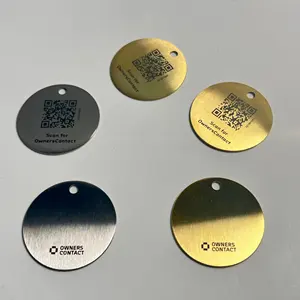 Laser Cutting Gold Color Stainless Steel Round Tags Brush Finish 304 QR Code Tags Custom Name Plates With QR Code