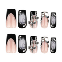 Faux ongles gothiques noirs à presser avec décorations 3D en strass, longs, forme cercueil, pour un style punk audacieux, 24 pièces, vente en gros