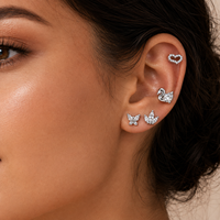 Vente en gros de clous d'oreilles labret en acier inoxydable ASTM F136 à dos plat, motif animal, pour cartilage, avec zircone cubique argentée, motif cygne, hypoallergéniques