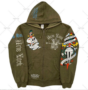 Felpa con Cappuccio da Uomo Full Zip di Alta Qualità con Ricamo Grafico, in Pile Pesante Grigio, Stile <span class=keywords><strong>Rock</strong></span> Y2K Vintage Unisex - Product Image 5