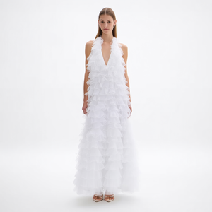 Nuovo Elegante Abito Lungo da Donna Bianco con Collo Halter, Scollo a V Profondo, Balze a Strati <span class=keywords><strong>in</strong></span> Organza <span class=keywords><strong>Trasparente</strong></span> e <span class=keywords><strong>Tulle</strong></span>, Linea ad A, Personalizzabile per Vacanze al Mare - Product Image 4