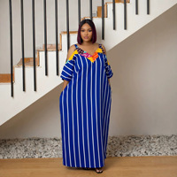 Robe longue décontractée pour femmes grandes tailles, style africain Ankara, patchwork rayé, bretelles spaghetti, col en V, épaules dénudées