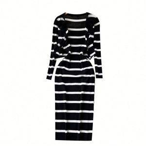 <b>Long</b> Sleeve Striped Spaghetti <b>Slip</b> Autumn Digital Printing Natural Waist Acrylic Crocheted Knitted Breathable Eco-Friendly Dress - Product Image 5