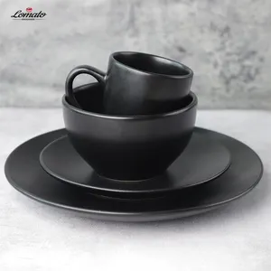 Muestra gratis de grado A redonda 16 piezas Negro gris gres juego de cena vajilla de cerámica juegos de vajilla para venta al por mayor