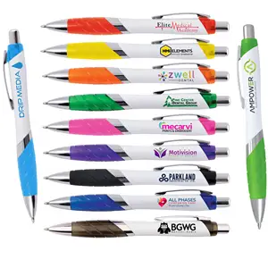 China OEM custom Logo print Promo Pens Item Plastic White promotional Ball ballpoint Pen with colored Grip