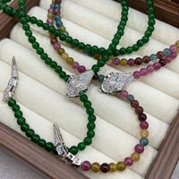 Collier Lariat de Luxe en Forme de Y avec Perles d'Agate Naturelle et de Tourmaline, Fermoir Serpent Ouvert Pavé de Zircons Cubiques, Longue Chaîne, Bijou de Créateur