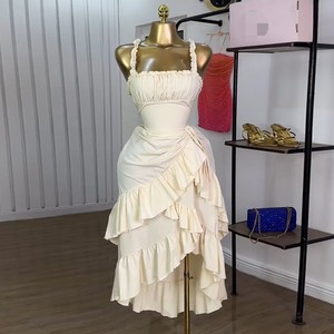 เดรสยาวคอ halter สำหรับผู้หญิง ลายพิมพ์ดิจิทัล แต่งระบาย เอวธรรมชาติ สีพื้น - Product Image 2